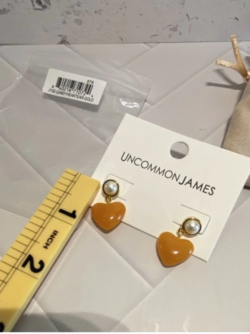 Uncommon James Gold Tone Earrings with Amber Heart Drops and Pearl Studs